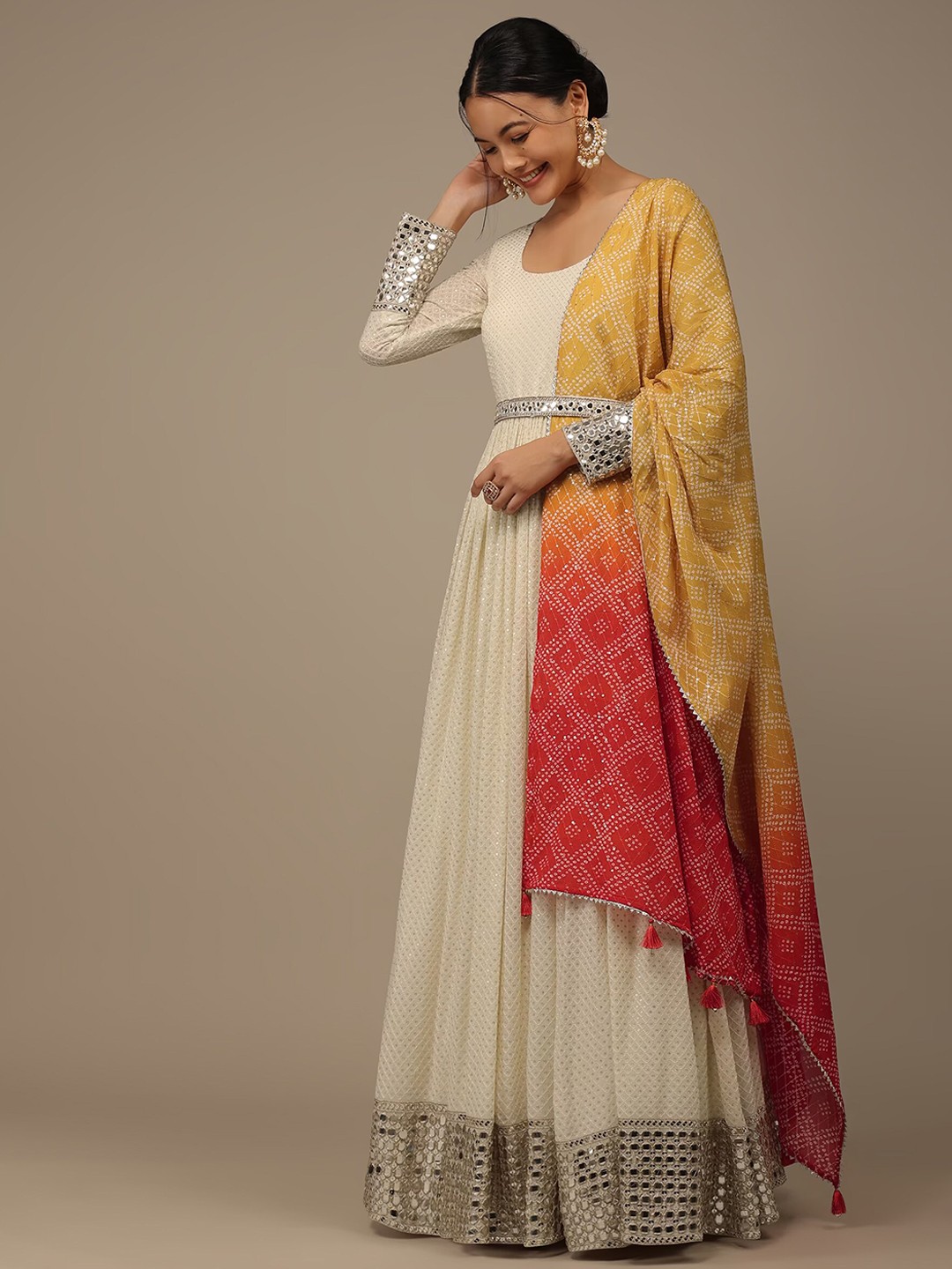 

KALKI Fashion Self Design Embellished Ethnic Dress With Waist Belt, White