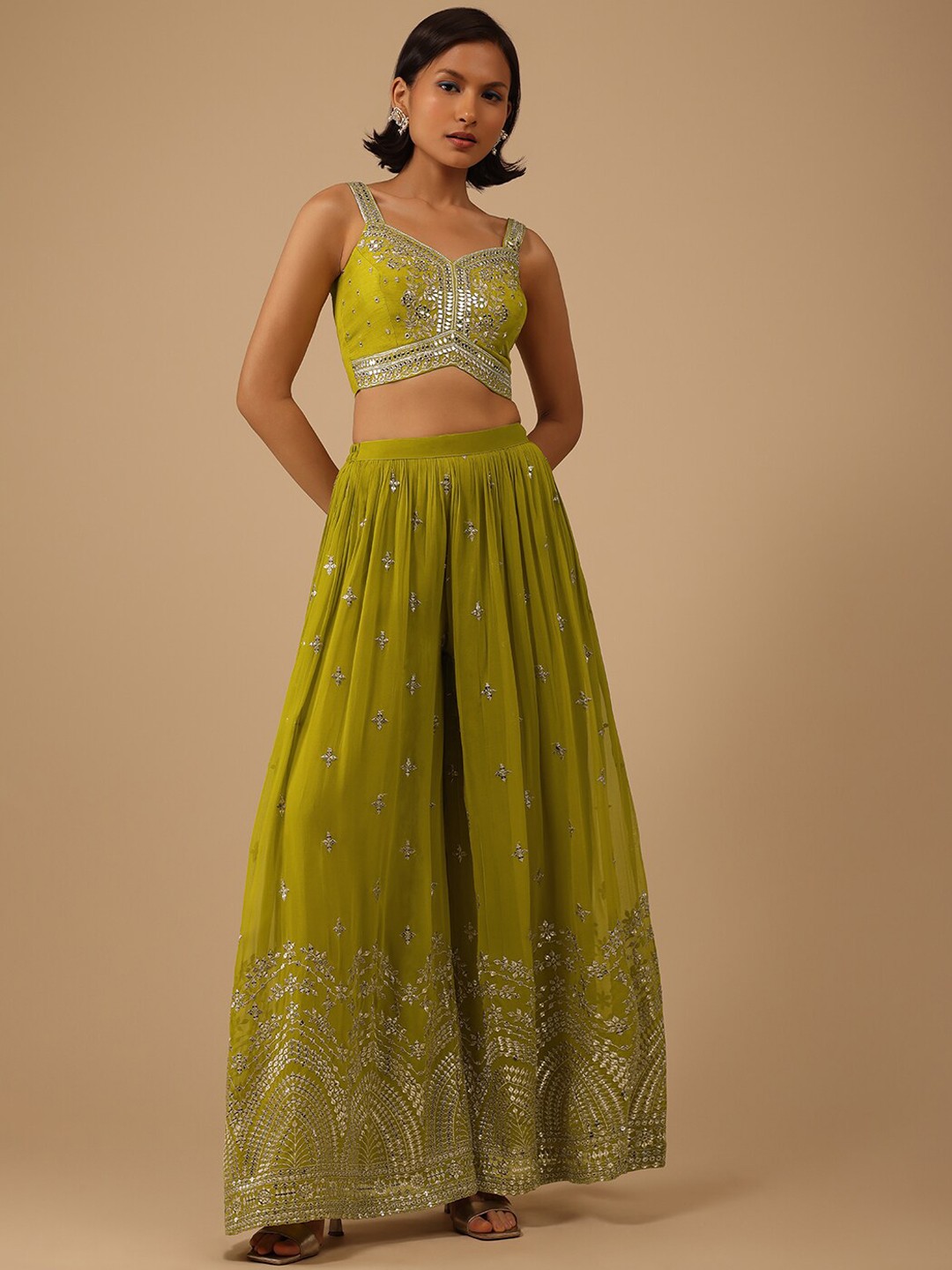 

KALKI Fashion Mirror Work Embellished Crop Top & Palazzo With Shrug, Lime green