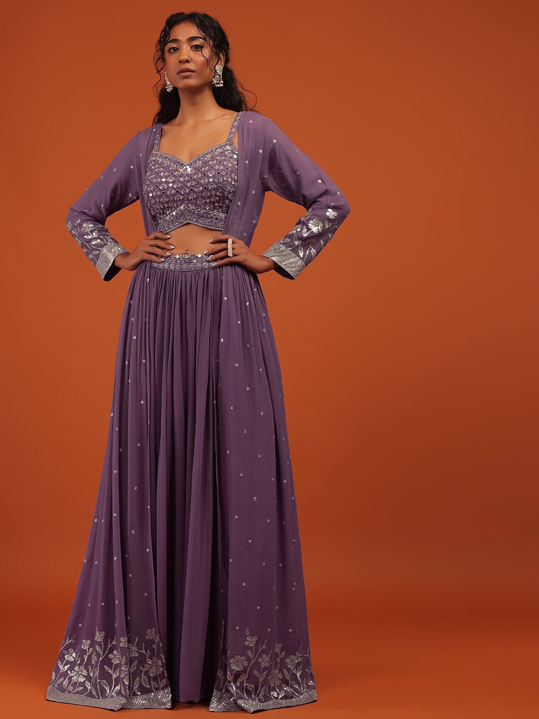 

KALKI Fashion Embroidered Mirror Work Crop Top & Palazzo With Ethnic Shrug, Purple