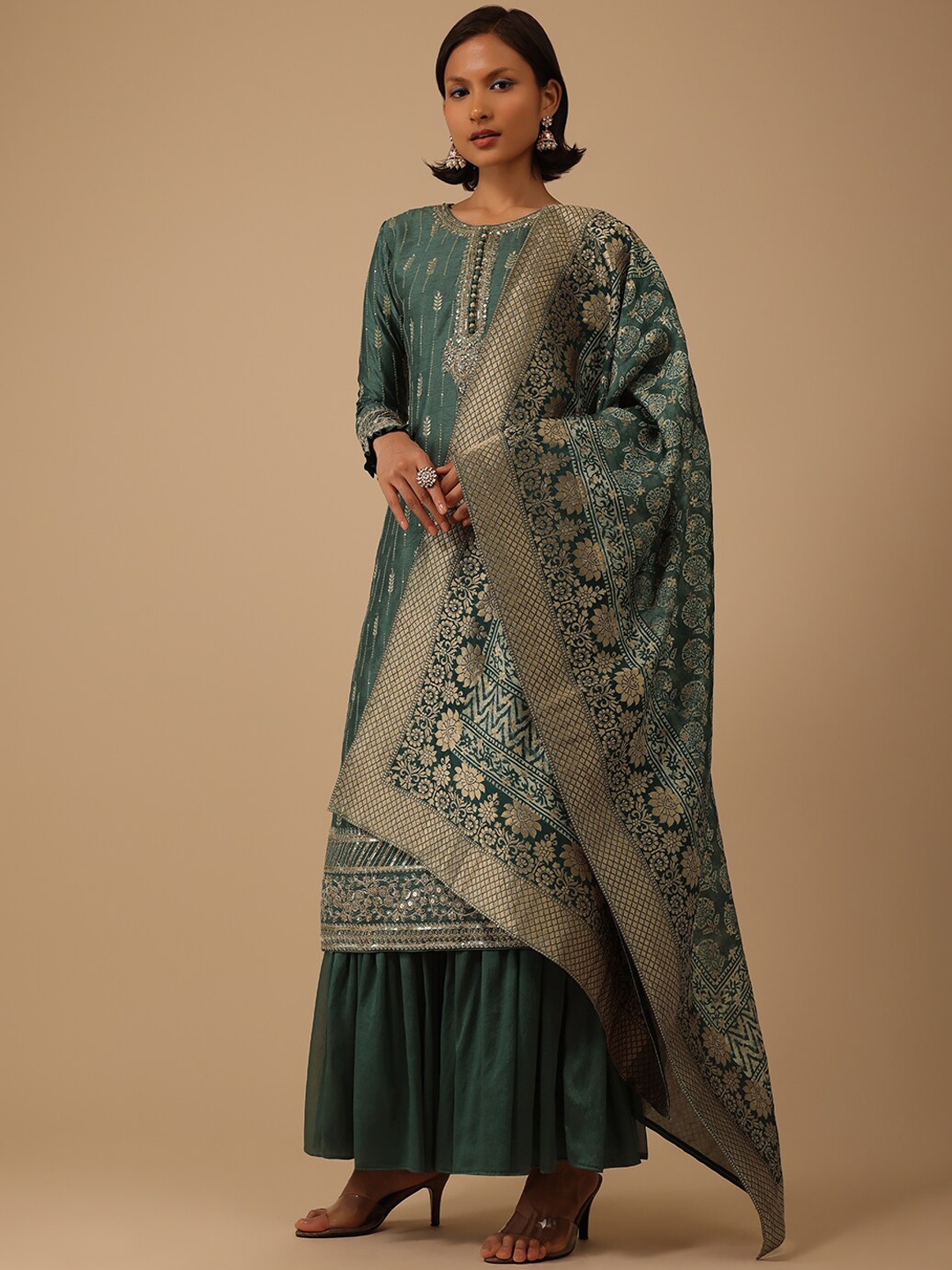 

KALKI Ethnic Motifs Sequinned Embroidered Detail Straight Kurta with Sharara & With, Green