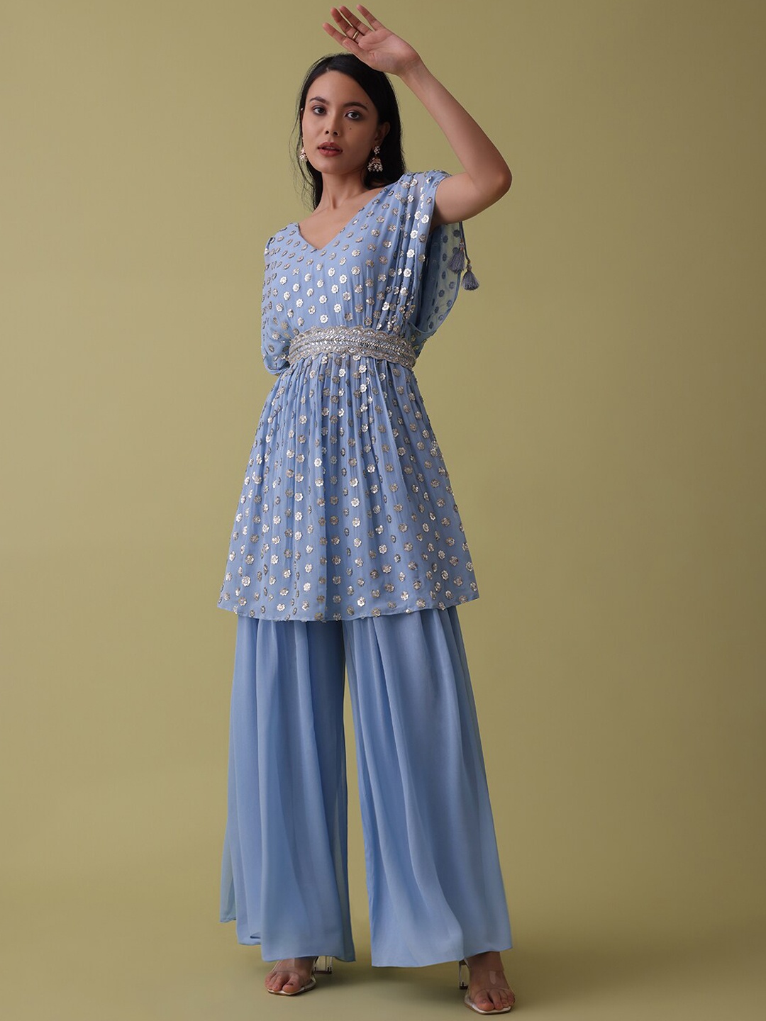 

KALKI Fashion Floral Self Design Sequinned Kurti With Palazzos & Waist Belt, Blue