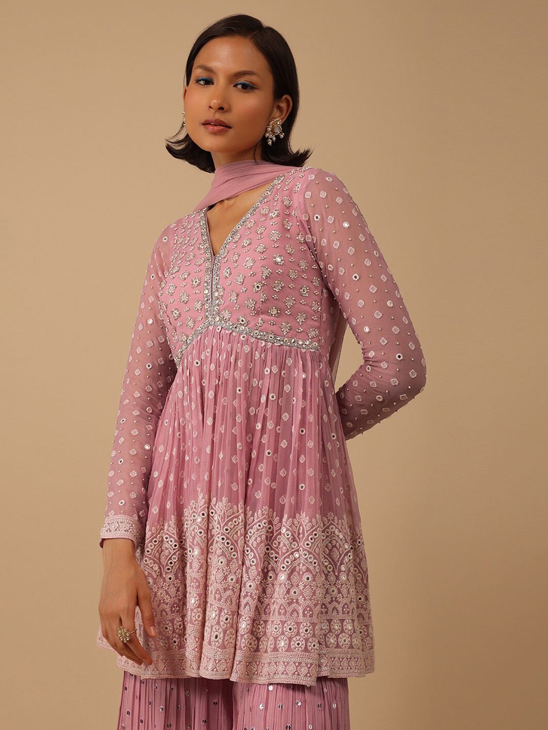 

KALKI Ethnic Motifs Embroidered Empire Beads Detail A-Line Kurta & Sharara With Dupatta, Pink