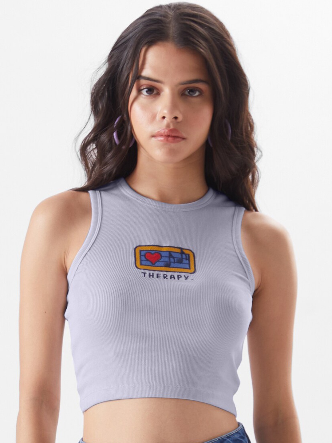 

The Souled Store Grey Round Neck Graphic Printed Cotton Crop Top