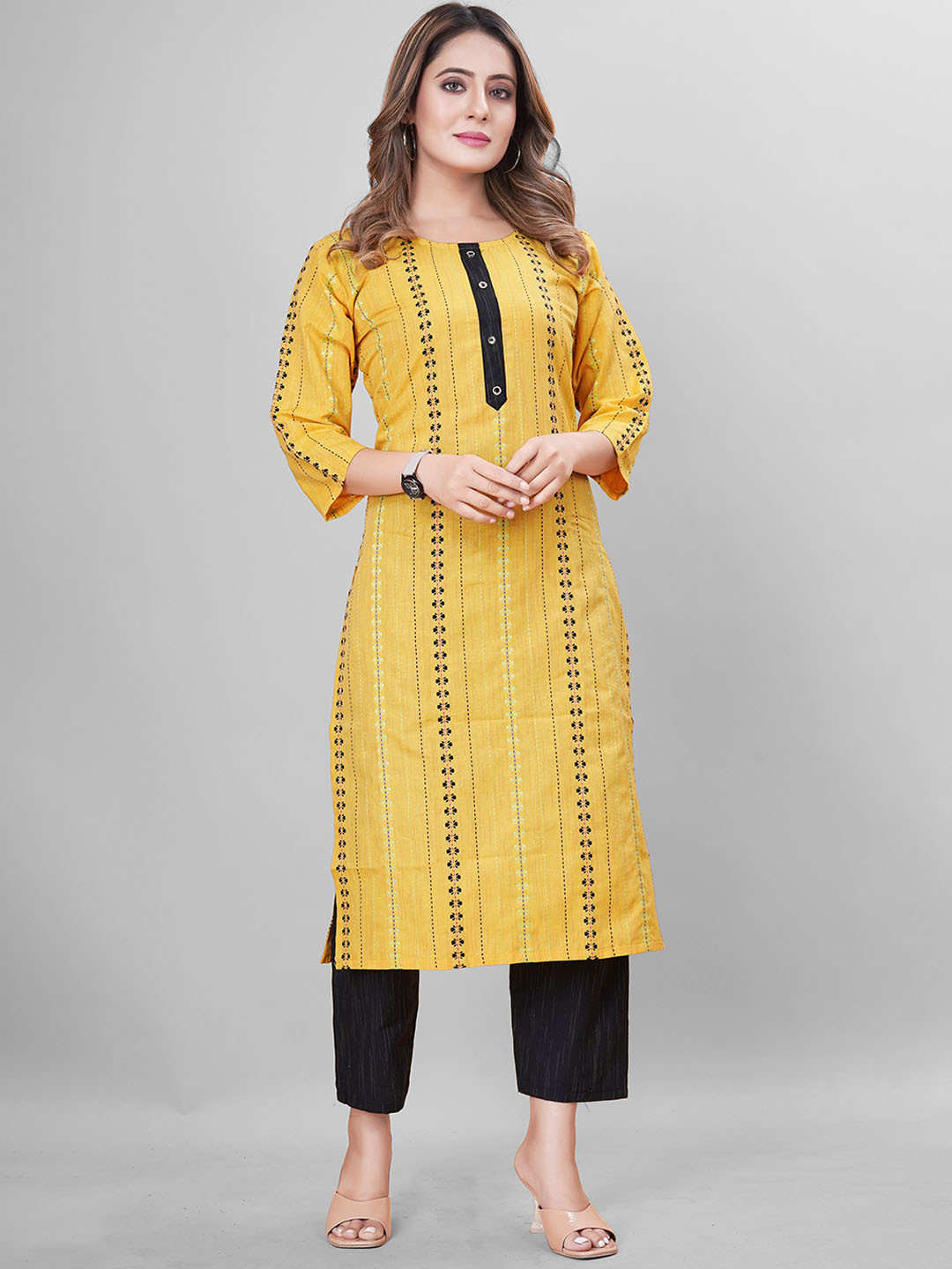 

KALINI Round Neck Ethnic Motifs Printed Regular Thread Work Kurta with Trousers, Yellow