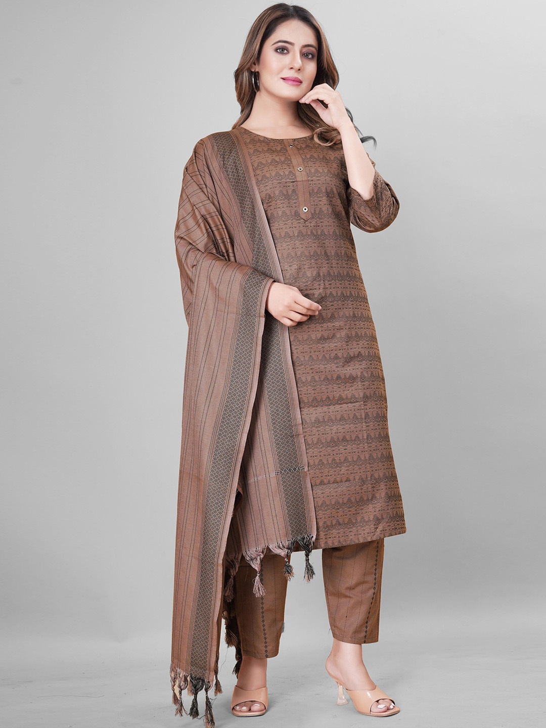 

KALINI Round Neck Ethnic Motif Printed Regular Thread Work Kurta & Trousers With Dupatta, Brown