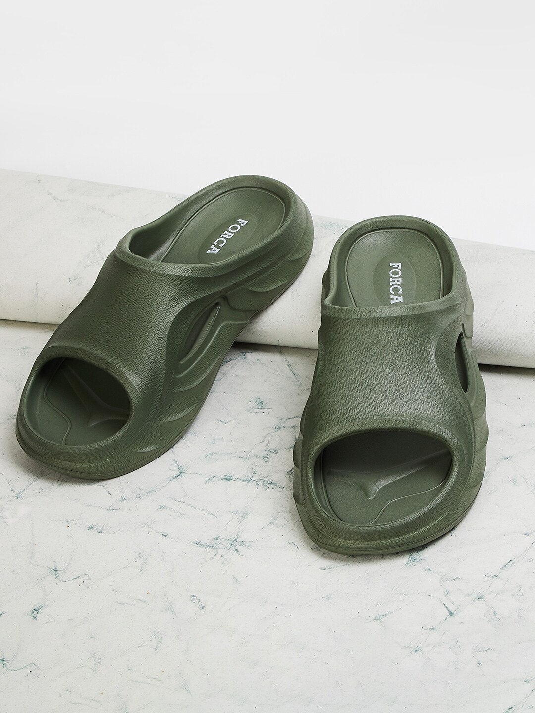 

Forca by Lifestyle Men Self Design Rubber Sliders, Olive