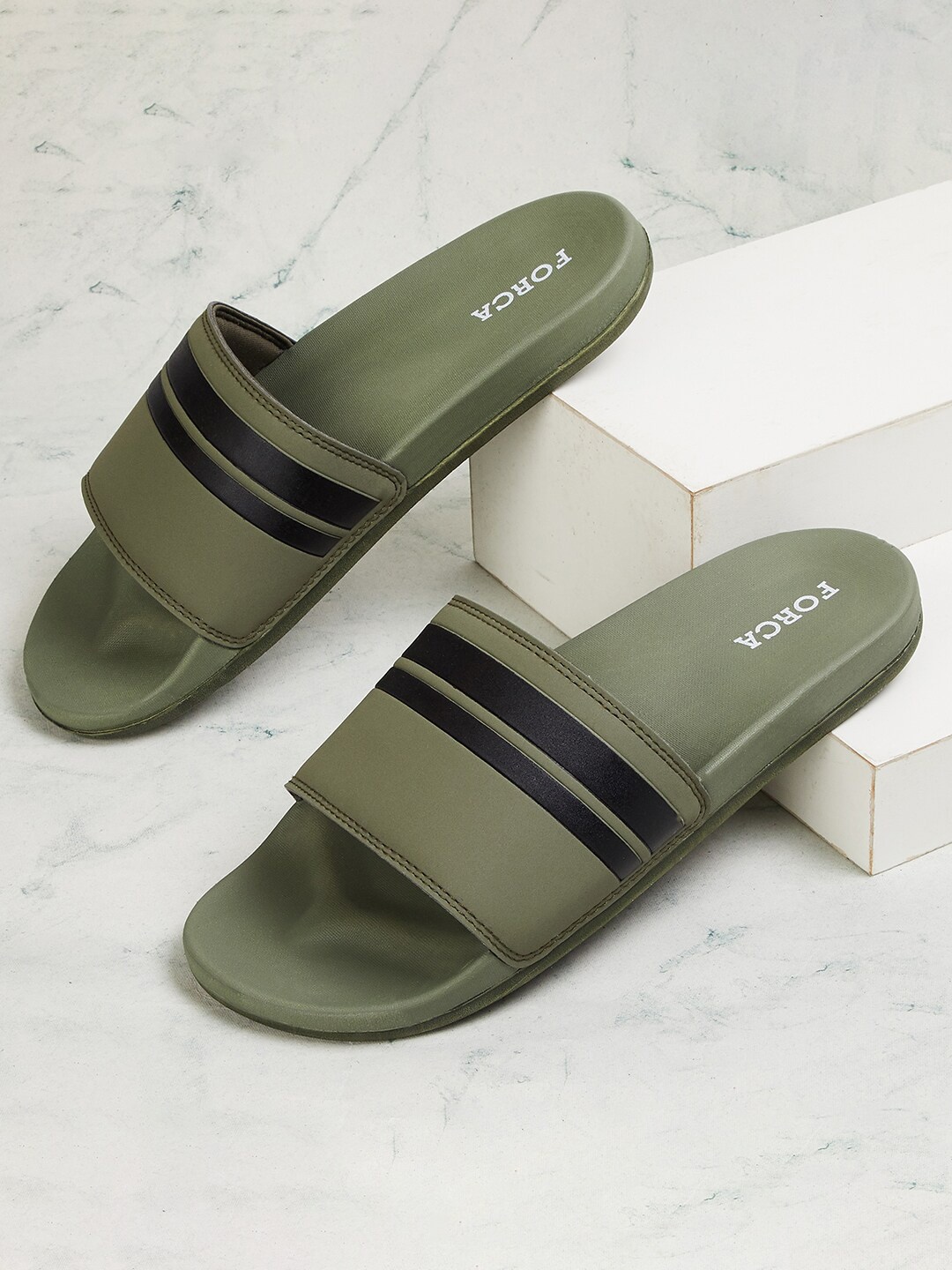 

Forca by Lifestyle Men Striped Rubber Sliders, Olive