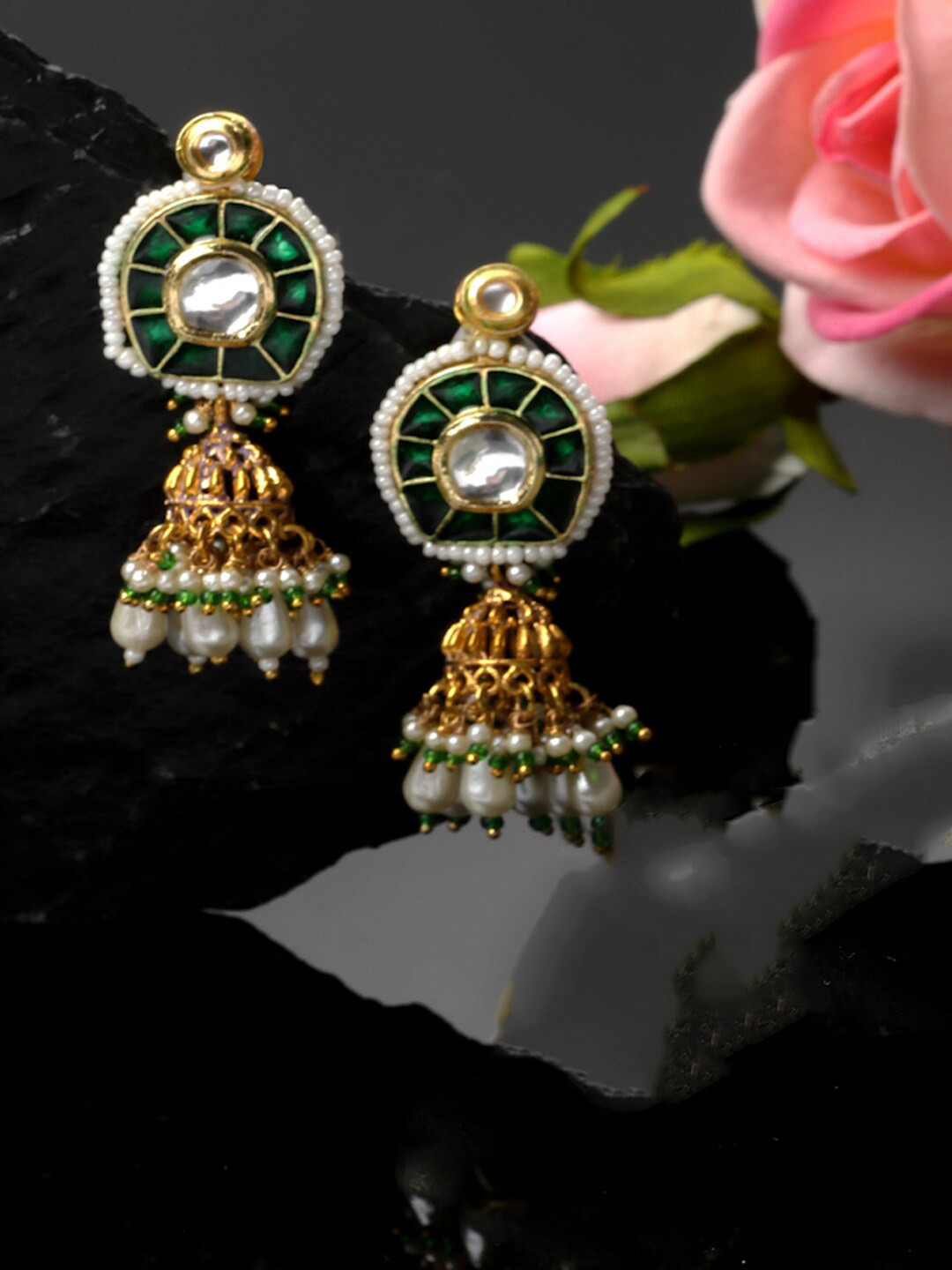 

DUGRISTYLE Gold Plated Kundan Studded & Beaded Jhumkas