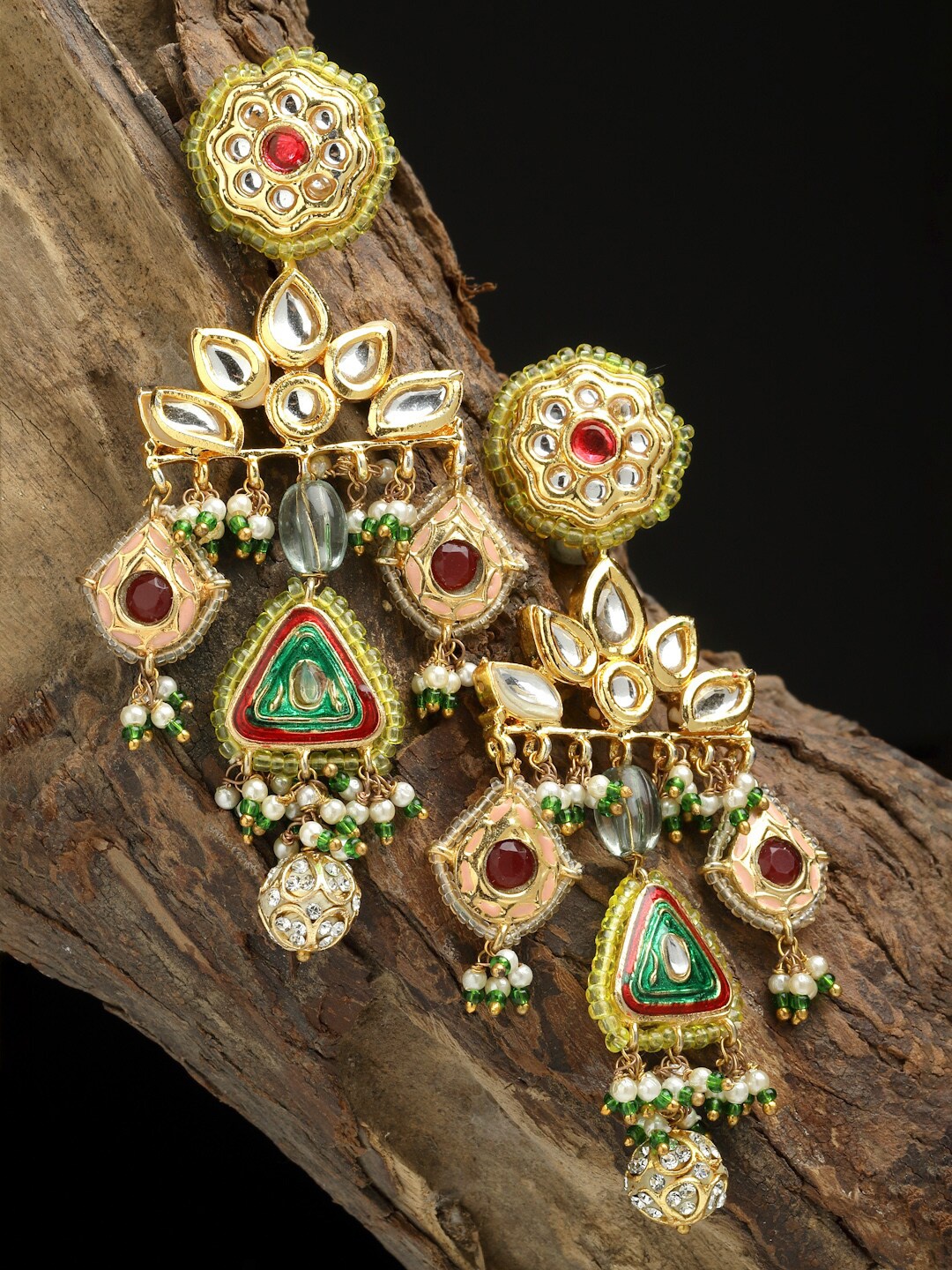 

DUGRISTYLE Gold-Plated Contemporary Kundan Drop Earrings