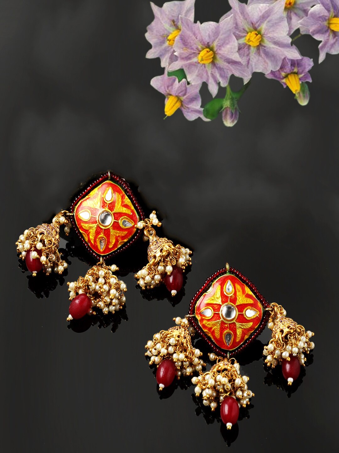

DUGRISTYLE Gold-Plated Square Shaped Kundan Drop Earrings