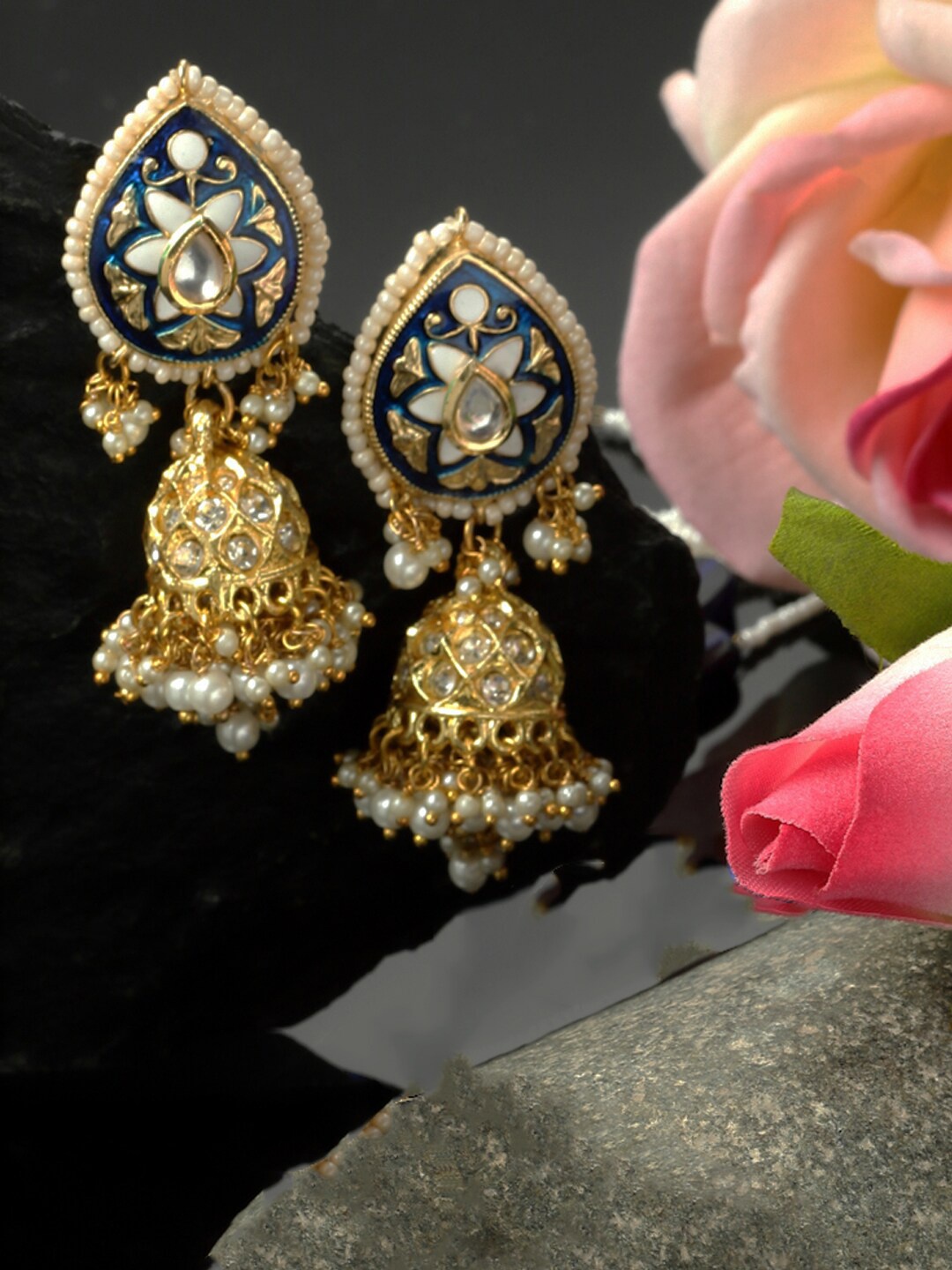 

DUGRISTYLE Gold-Plated Dome Shaped Kundan Jhumkas