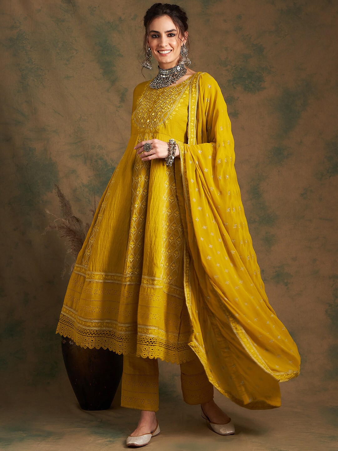 

Sangria Floral Embroidered Panelled A-line Kurta With Trousers & Dupatta, Mustard