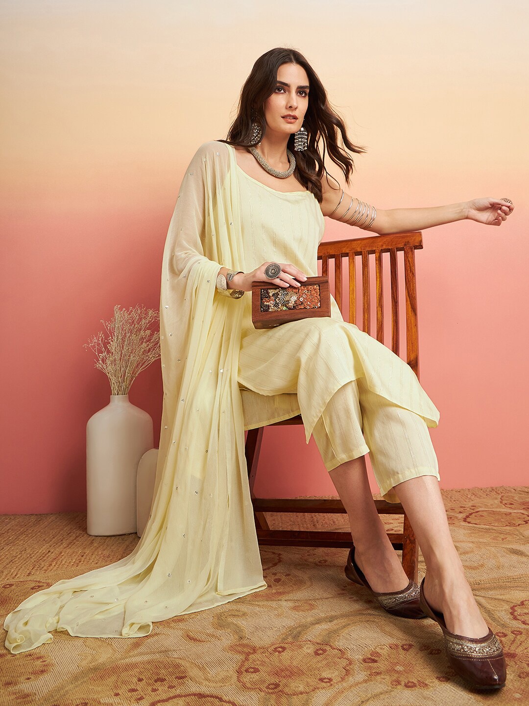 

Sangria Striped Straight Shoulder Straps Kurta With Trouser & Dupatta Set, Yellow