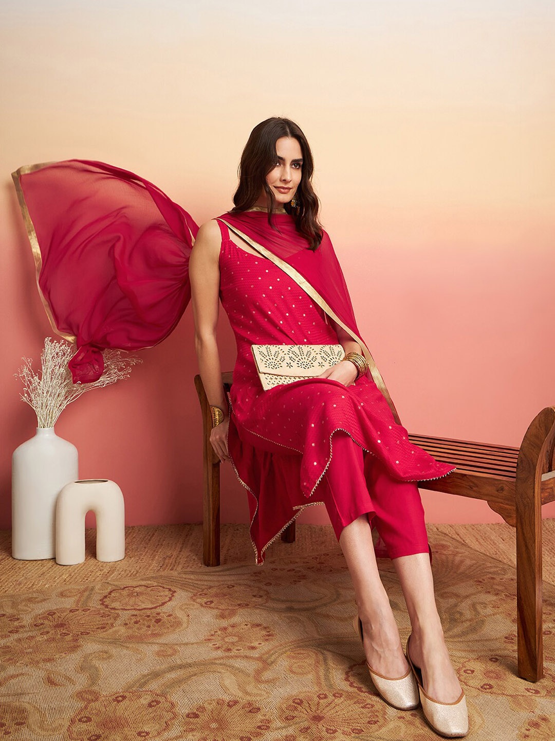 

Sangria Embroidered Shoulder Straps Straight Kurta With Trousers & Dupatta, Red