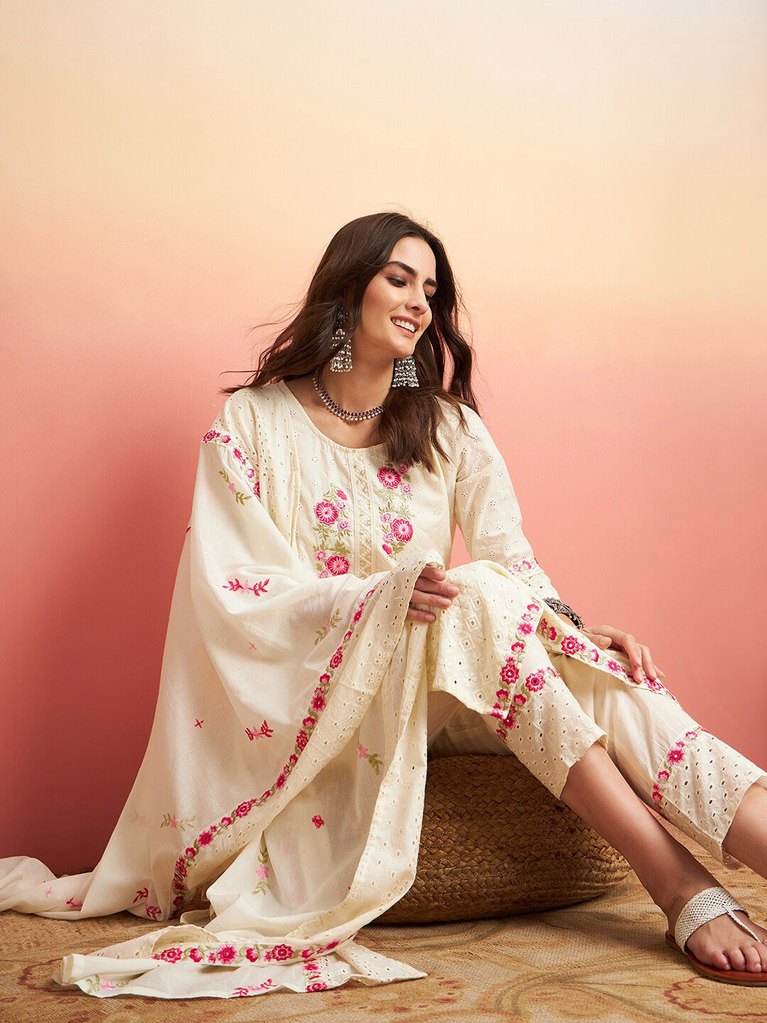 

Sangria Pure Cotton Floral Embroidered Straight Kurta With Trousers & Dupatta, Off white