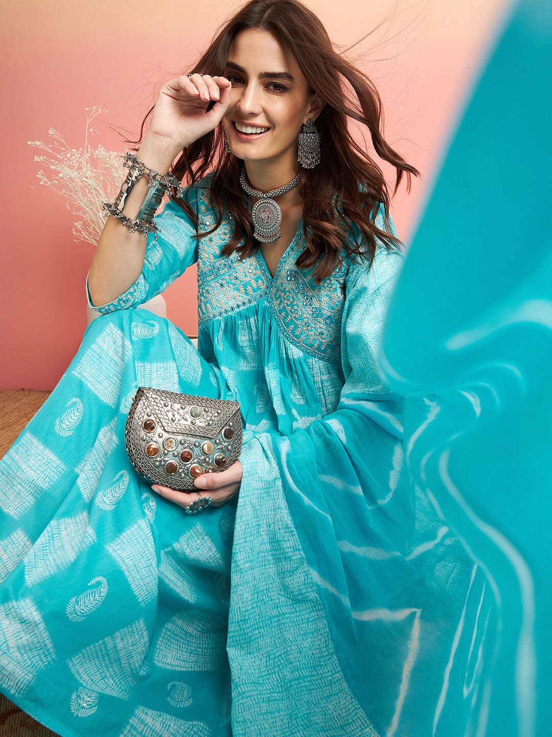 

Sangria Pure Cotton Embroidered & Printed A-Line Kurta With Trousers & Dupatta, Turquoise blue