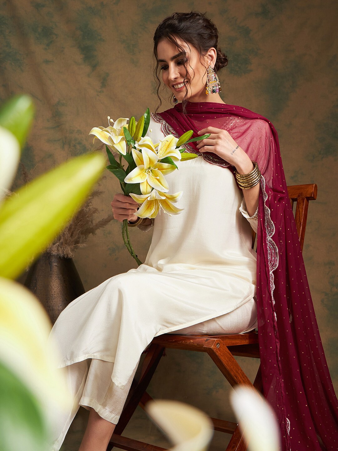 

Sangria V-Neck Sequins Straight Kurta With Trousers &Dupatta, White