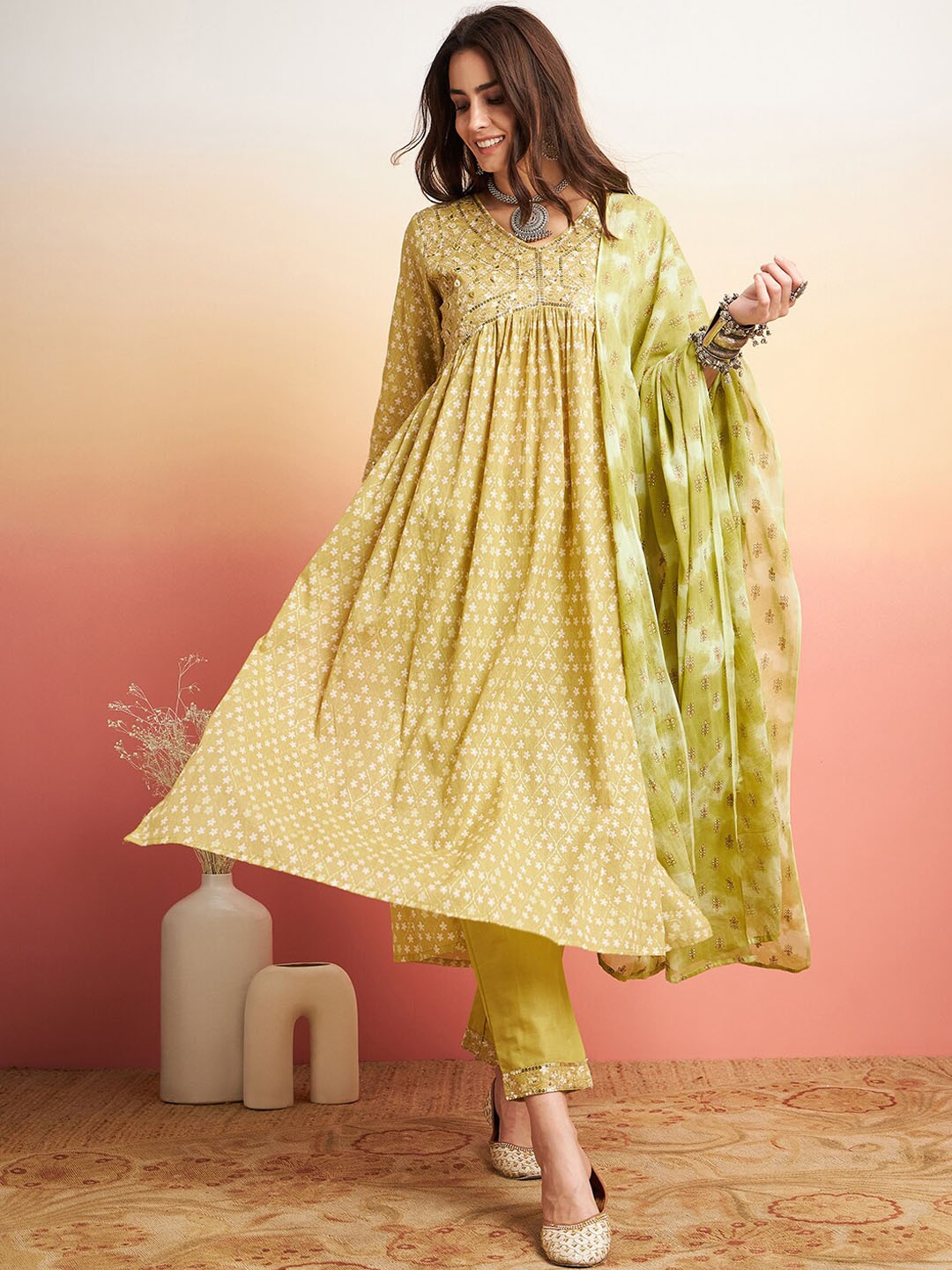 

Sangria Floral Printed Thread Work Pure Cotton A-Line Kurta & Trousers With Dupatta, Khaki