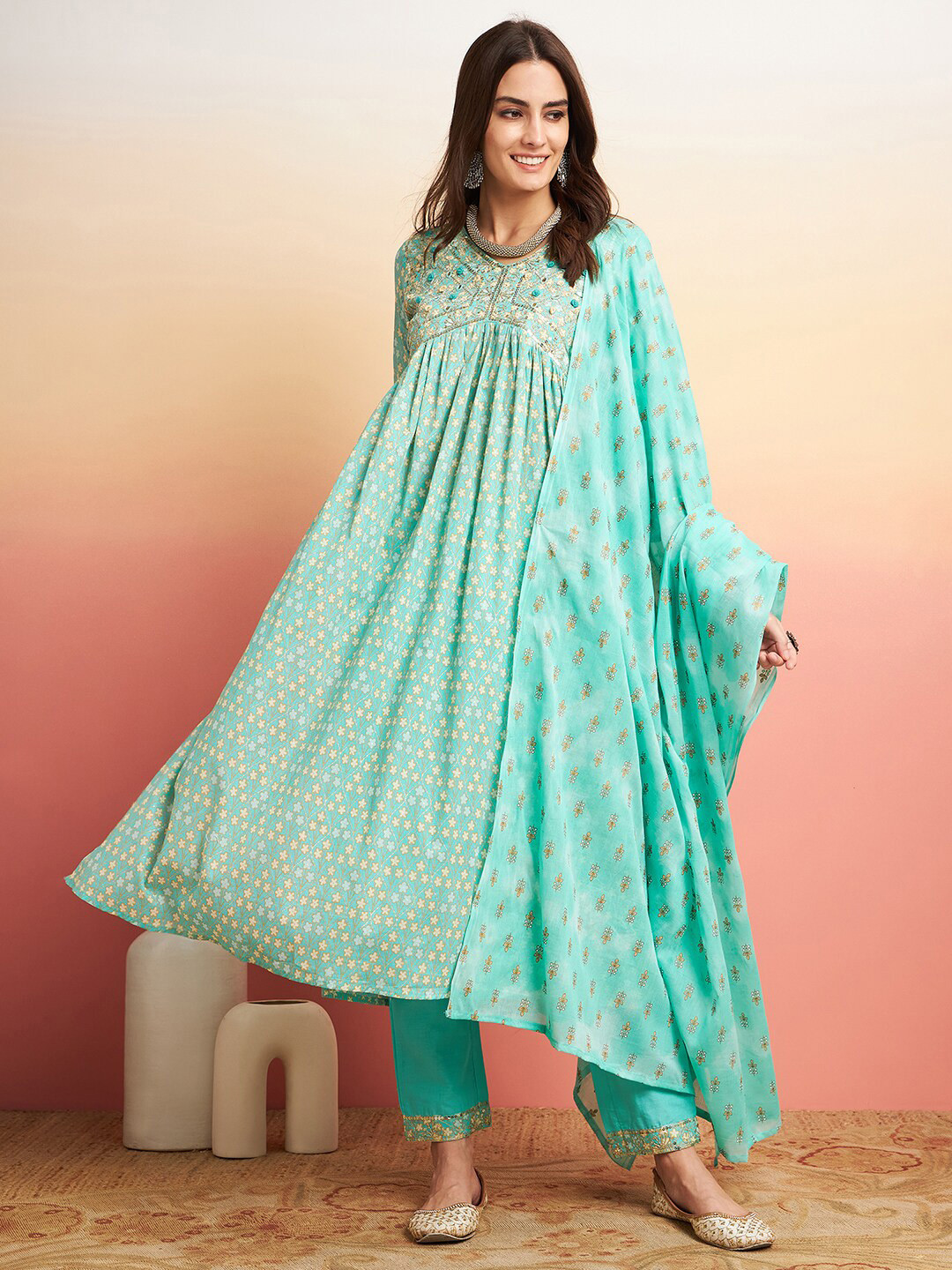 

Sangria Floral Printed Thread Work Pure Cotton A-Line Kurta & Trousers With Dupatta, Sea green