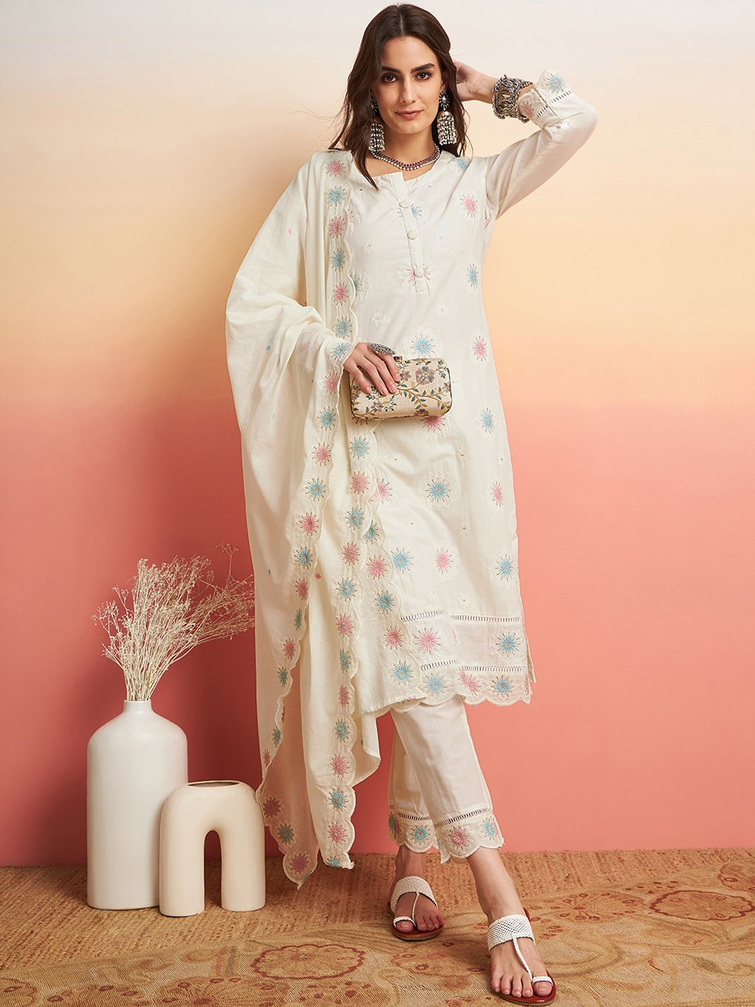

Sangria Pure Cotton Floral Printed Embroidered Kurta With Trousers & Dupatta, Off white
