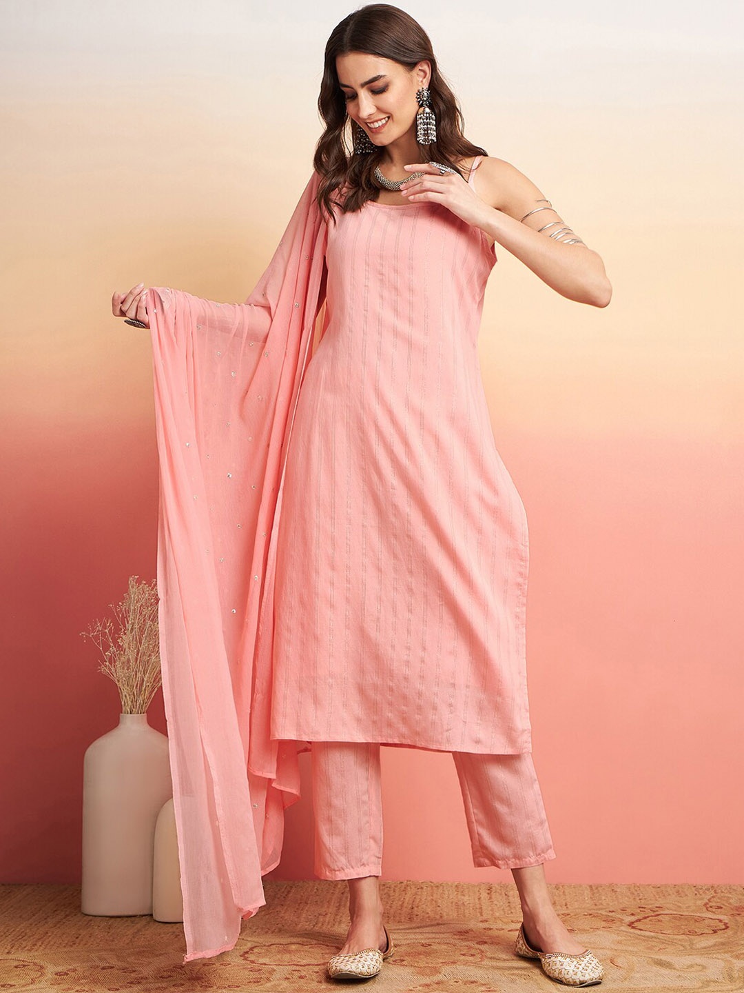 

Sangria Strip Pattern Shoulder Strap Kurta With Trousers & Dupatta, Pink