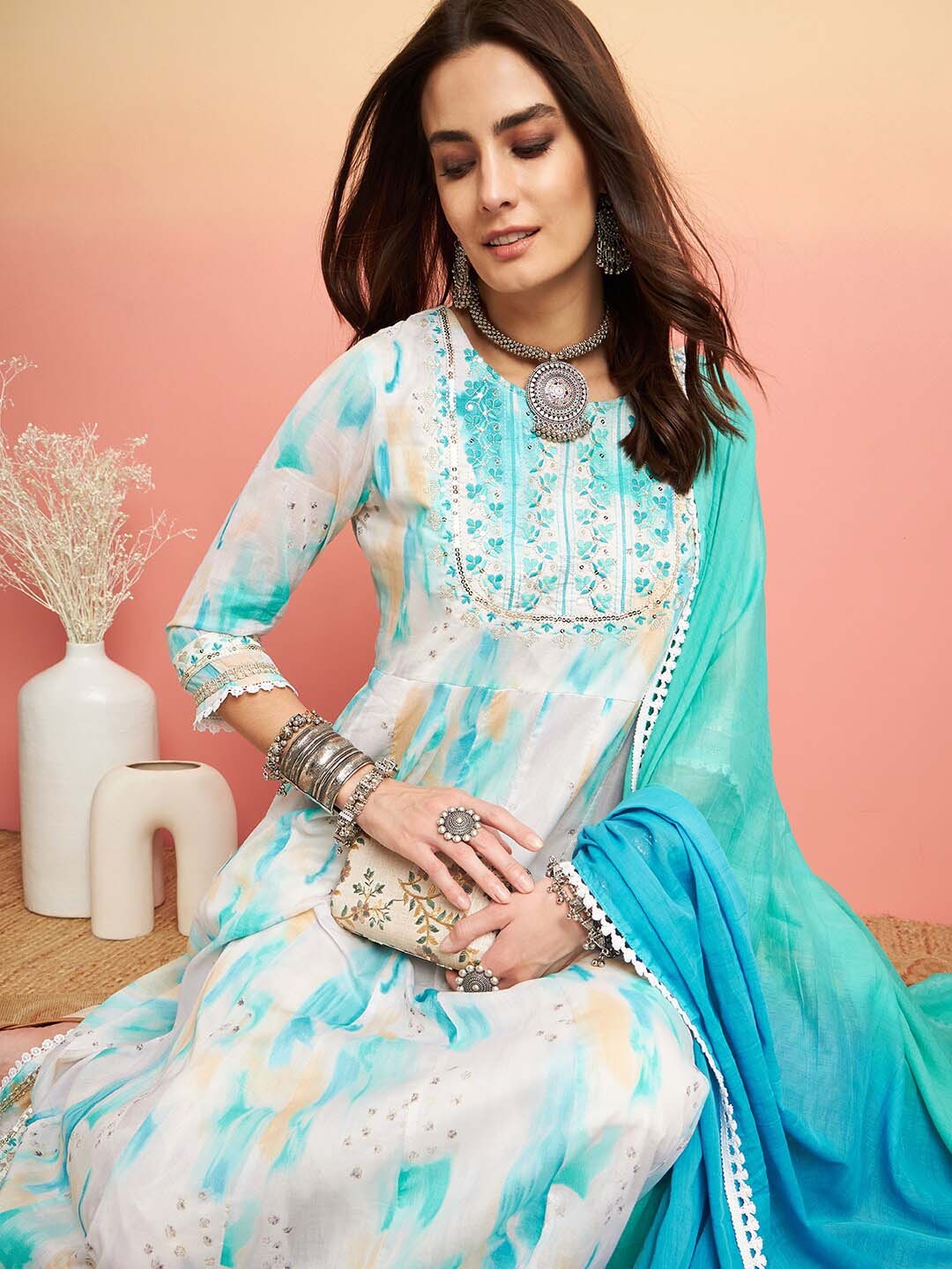 

Sangria Cotton Tie & Dye A-line Embroidered Kurta With Trousers & Dupatta, Turquoise blue