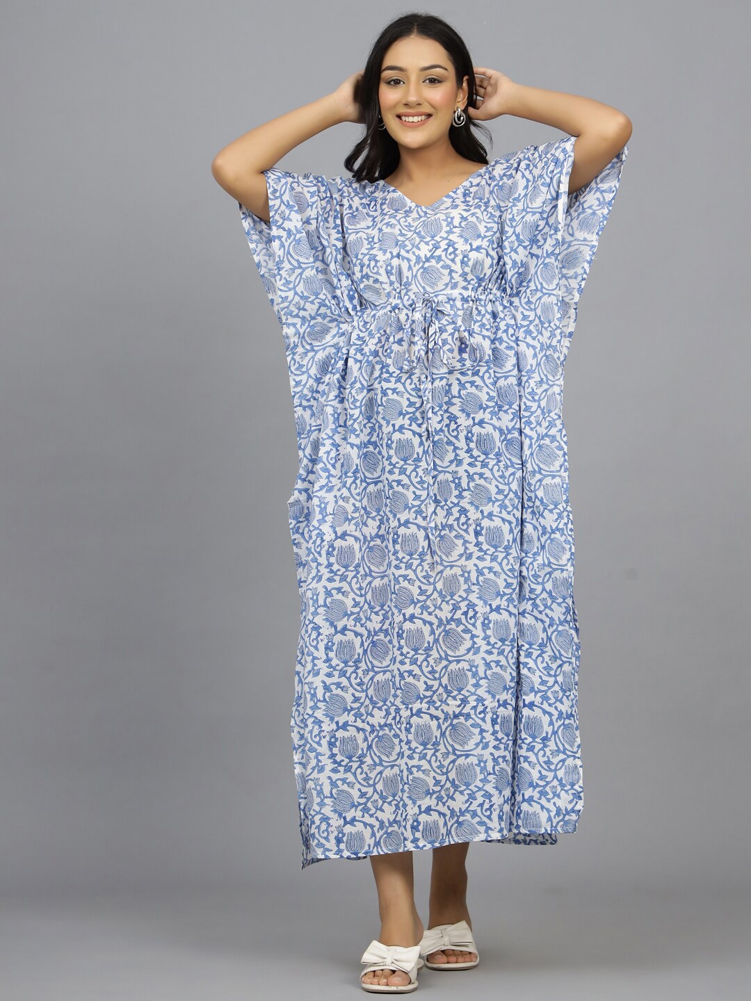 

HANDICRAFT PALACE Floral Block Printed Maxi Pure Cotton Kaftan Nightdress, Blue