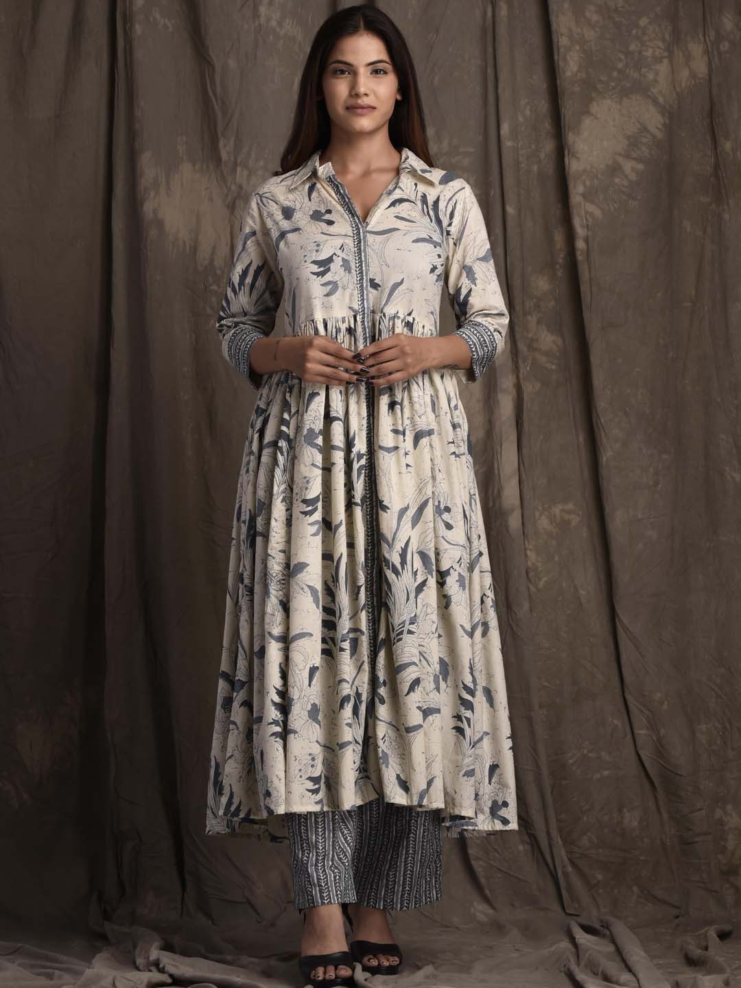 

mokshi Shirt Collar Floral Printed Anarkali Pure Cotton Kurta with Palazzos, Beige