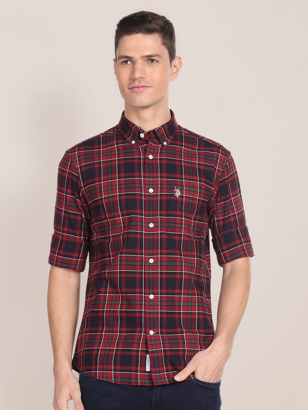 

U S Polo Assn Tartan Checked Spread Collar Regular Fit Cotton Casual Shirt, Red