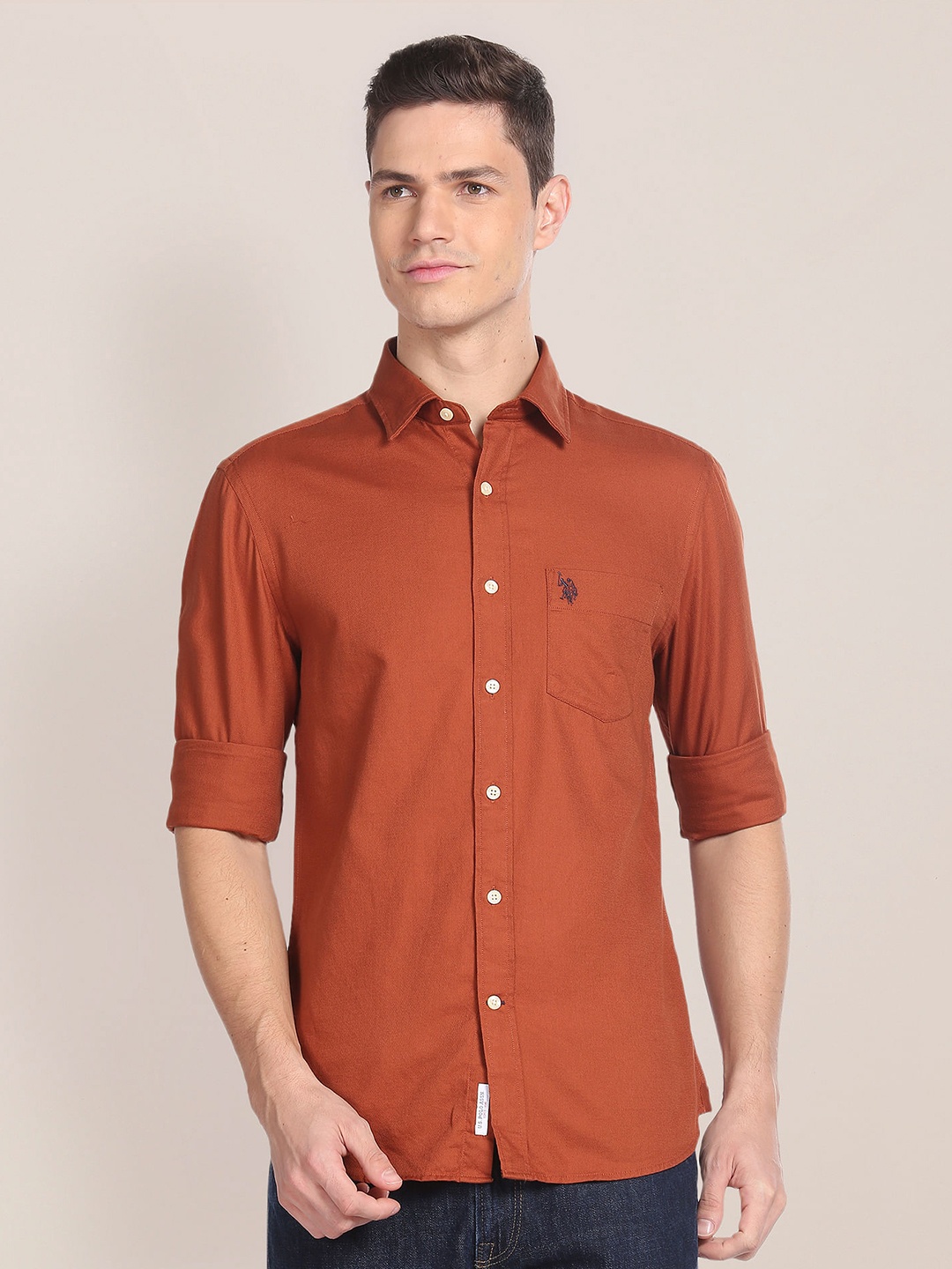 

U.S. Polo Assn. Regular Fit Spread Collar Long Sleeves Cotton Casual Shirt, Orange