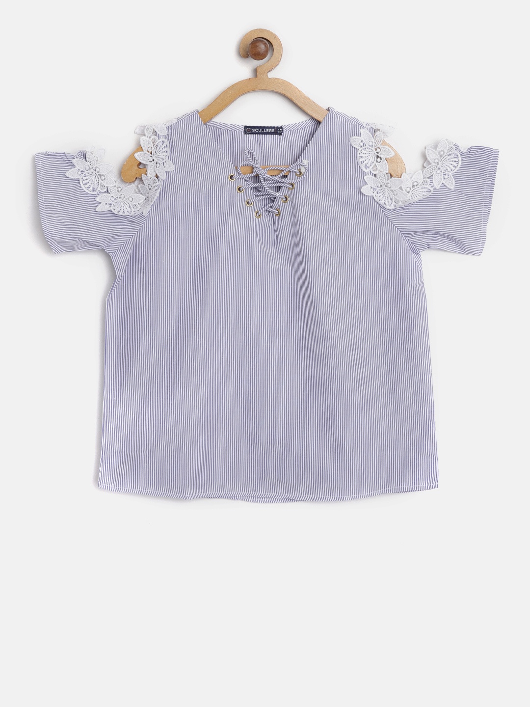 

SCULLERS Girls Blue & White Striped Cold Shoulder Top