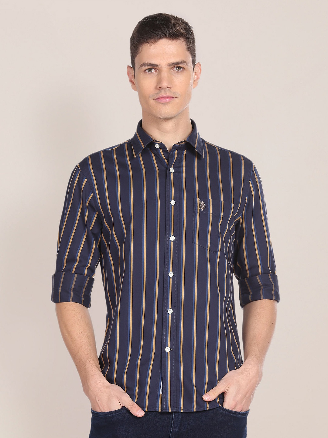 

U S Polo Assn Striped Spread Collar Regular Fit Cotton Casual T-Shirt, Blue