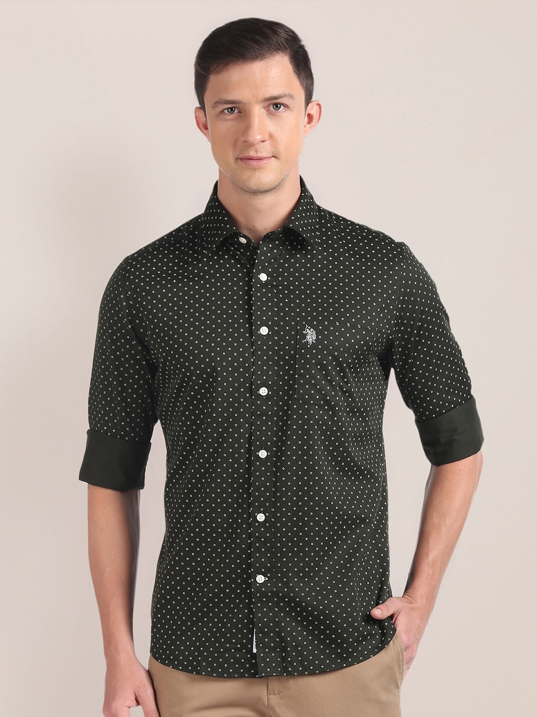 

U.S. Polo Assn. Micro & Ditsy Printed Pure Cotton Casual Shirt, Green