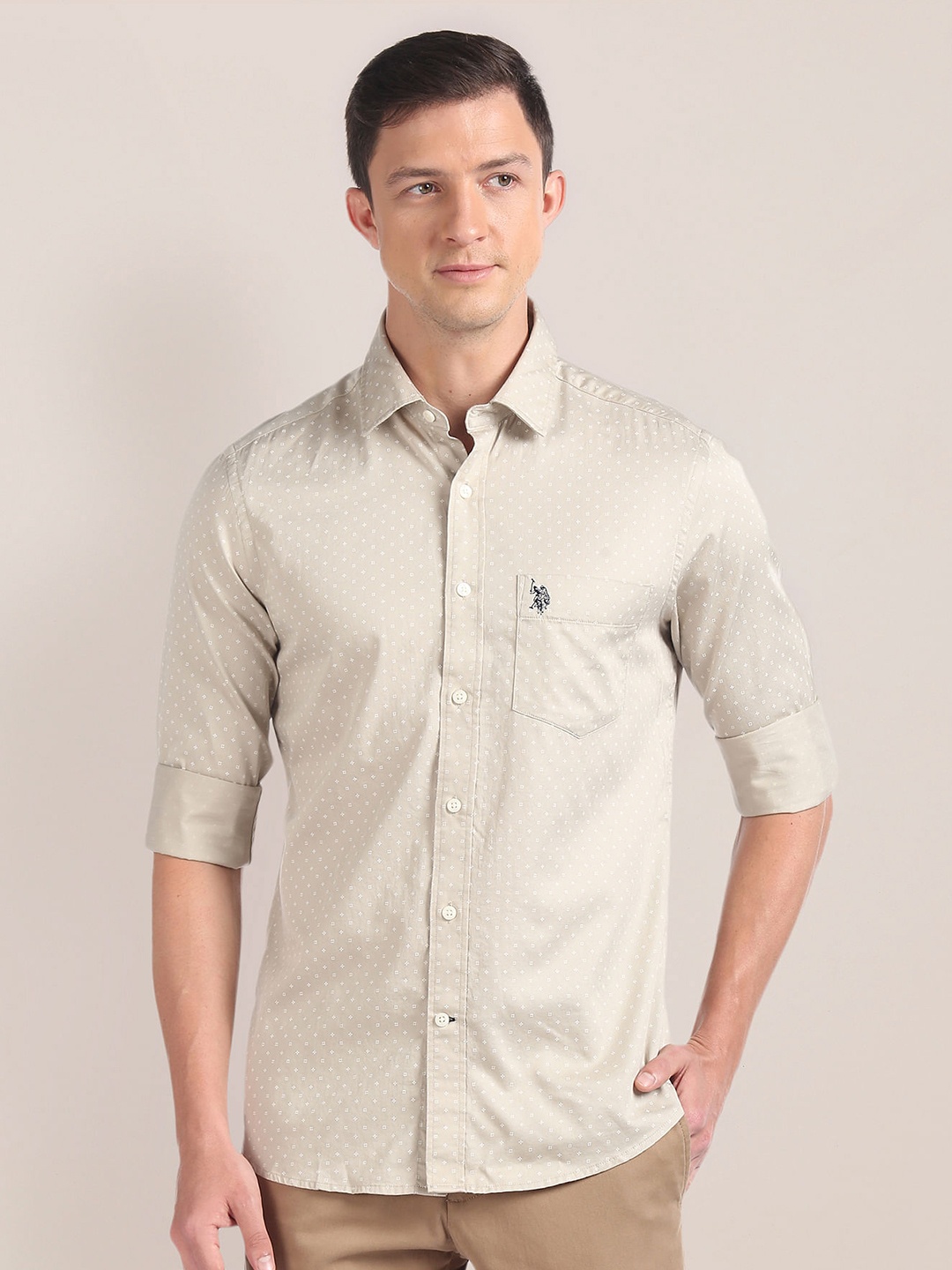 

U.S. Polo Assn. Micro Printed Regular Fit Pure Cotton Casual Shirt, Beige