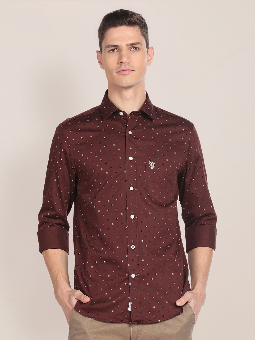 

U.S. Polo Assn. Micro & Ditsy Printed Pure Cotton Casual Shirt, Brown