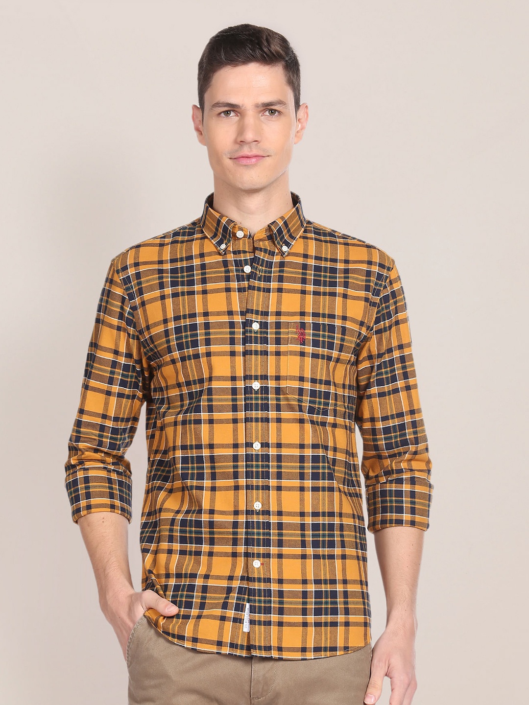 

U S Polo Assn Tartan Checked Spread Collar Regular Fit Cotton Casual T-Shirt, Mustard