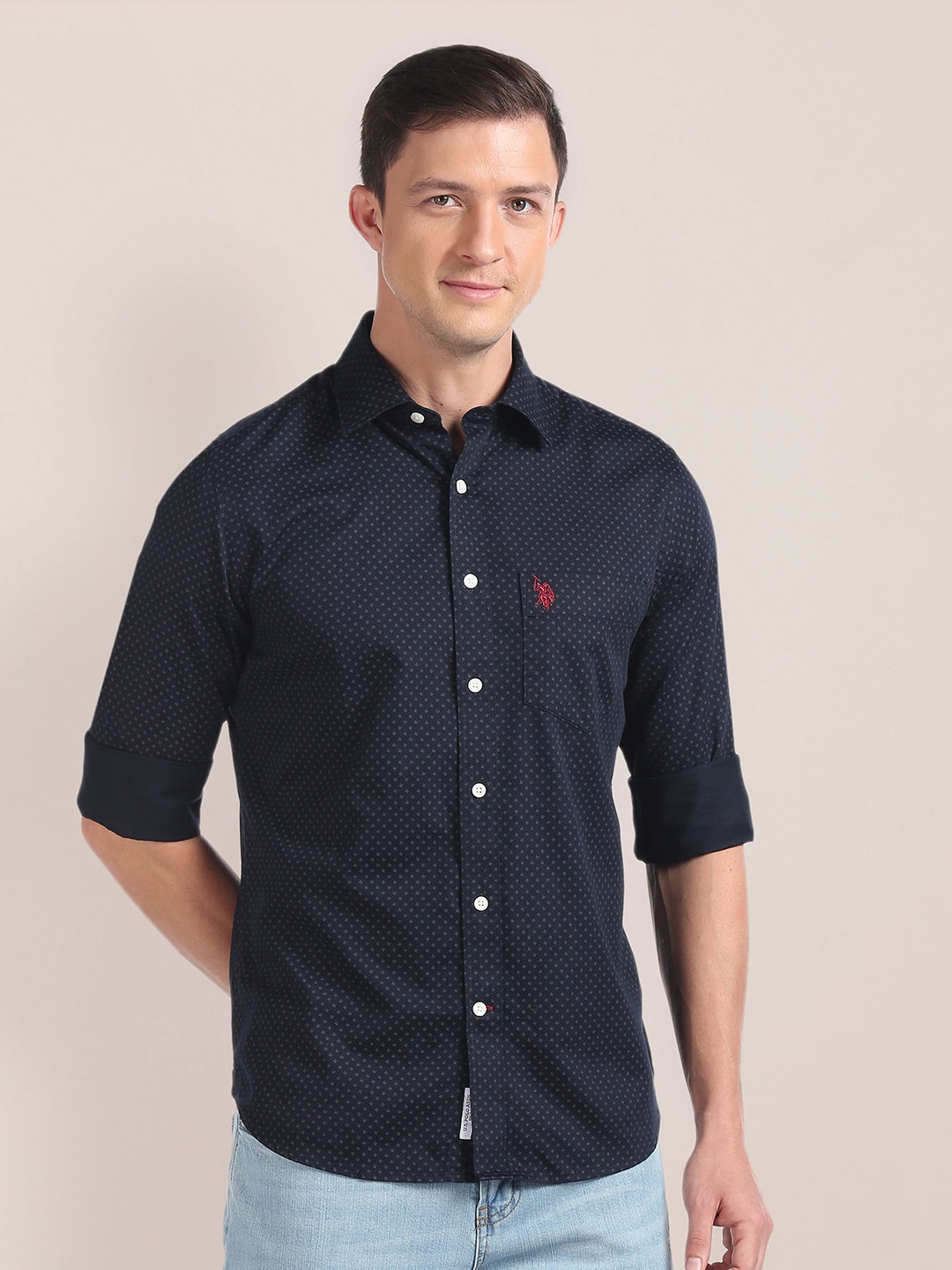 

U.S. Polo Assn. Micro & Ditsy Printed Pure Cotton Casual Shirt, Blue