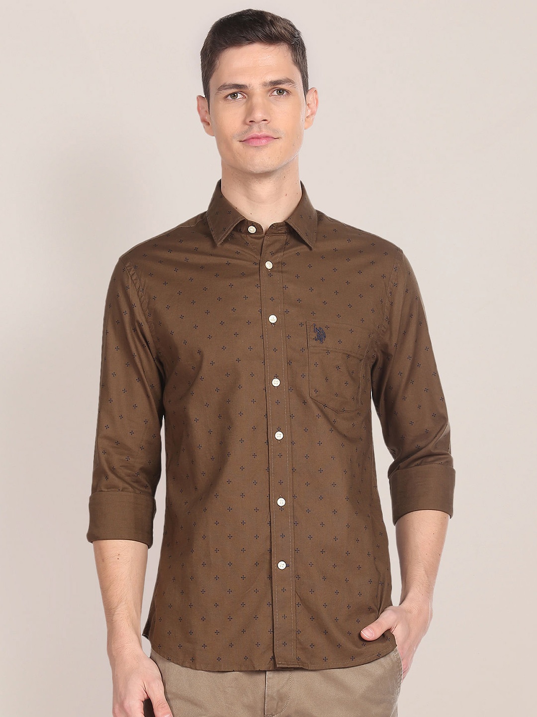 

U.S. Polo Assn. Micro & Ditsy Printed Pure Cotton Casual Shirt, Brown