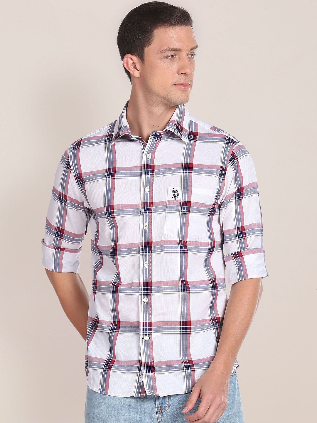 

U.S. Polo Assn. Windowpane Checks Checked Spread Collar Pure Cotton Casual Shirt, White