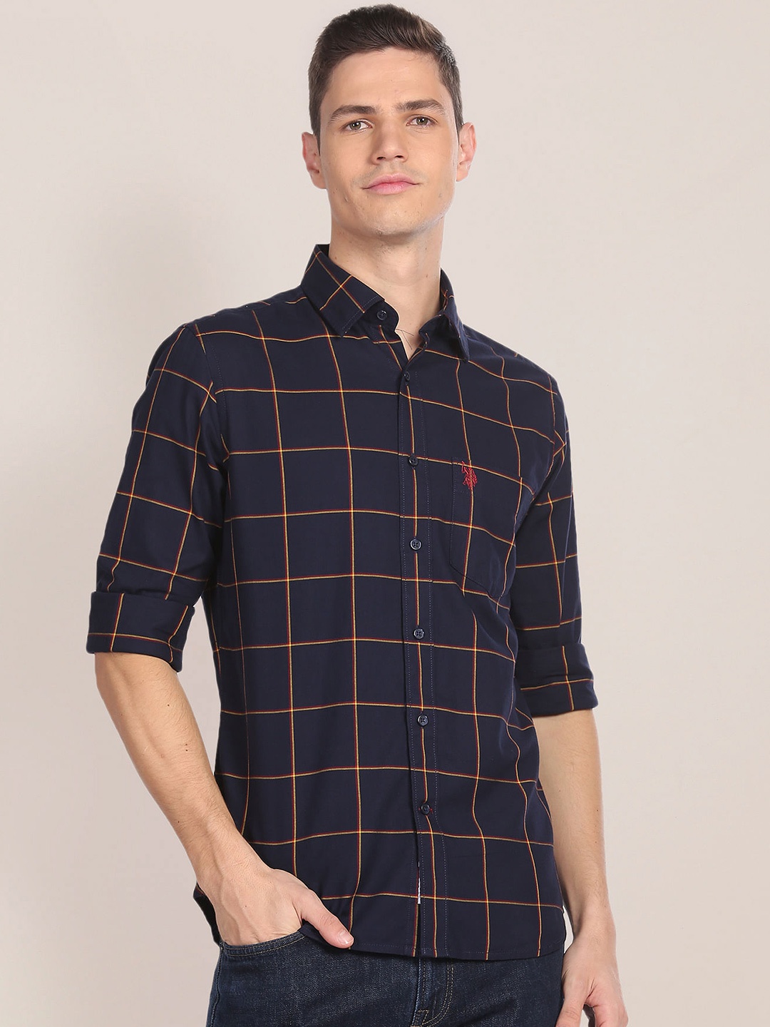 

U S Polo Assn Windowpane Checked Spread Collar Regular Fit Cotton Casual Shirt, Blue