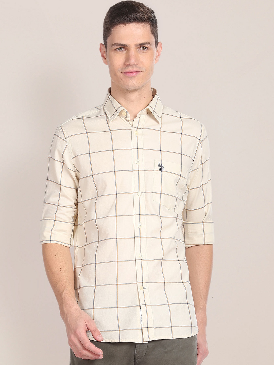 

U.S. Polo Assn. Windowpane Checked Pure Cotton Casual Shirt, Beige