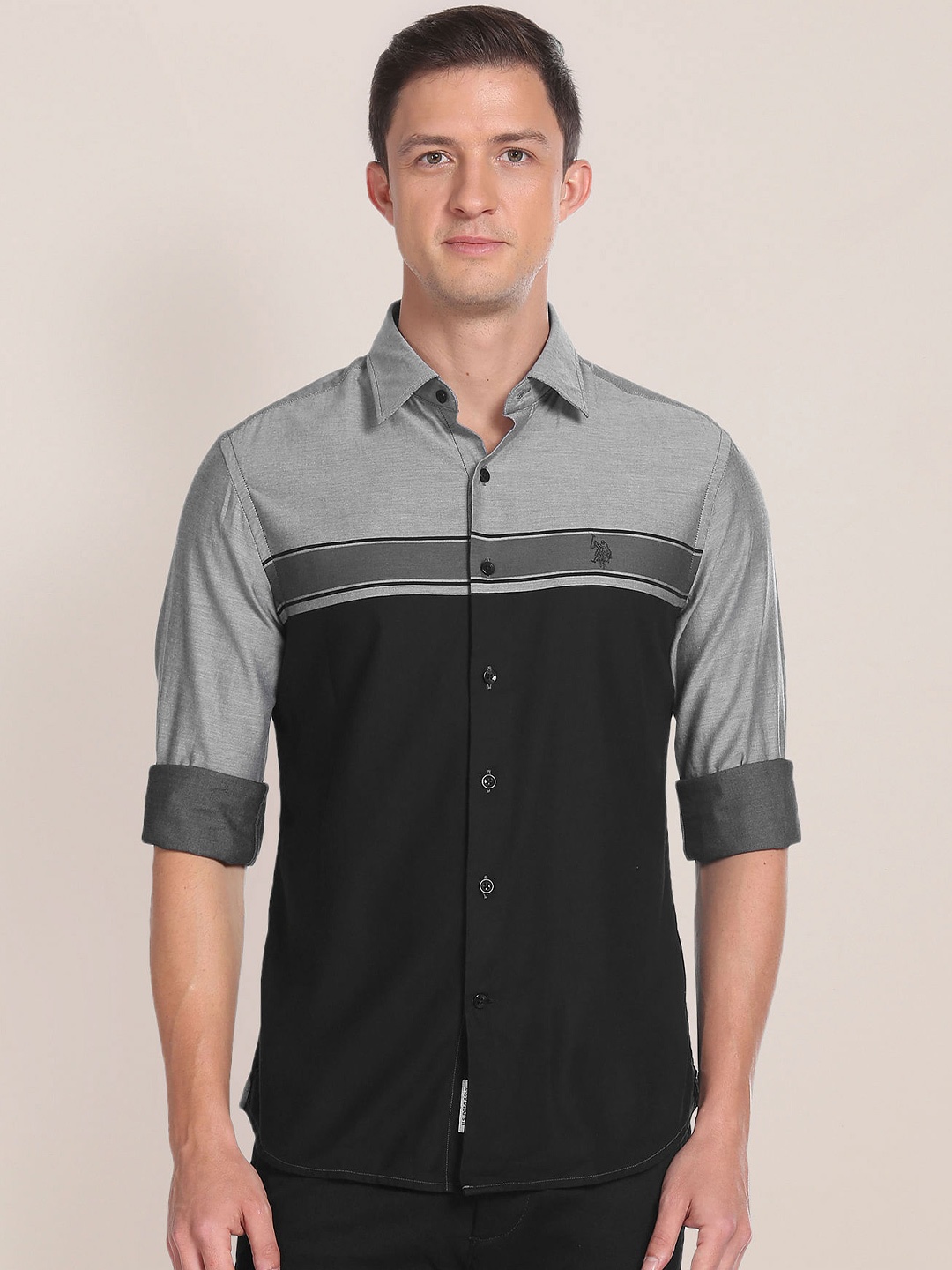 

U.S. Polo Assn. Colourblocked Pure Cotton Casual Shirt, Black