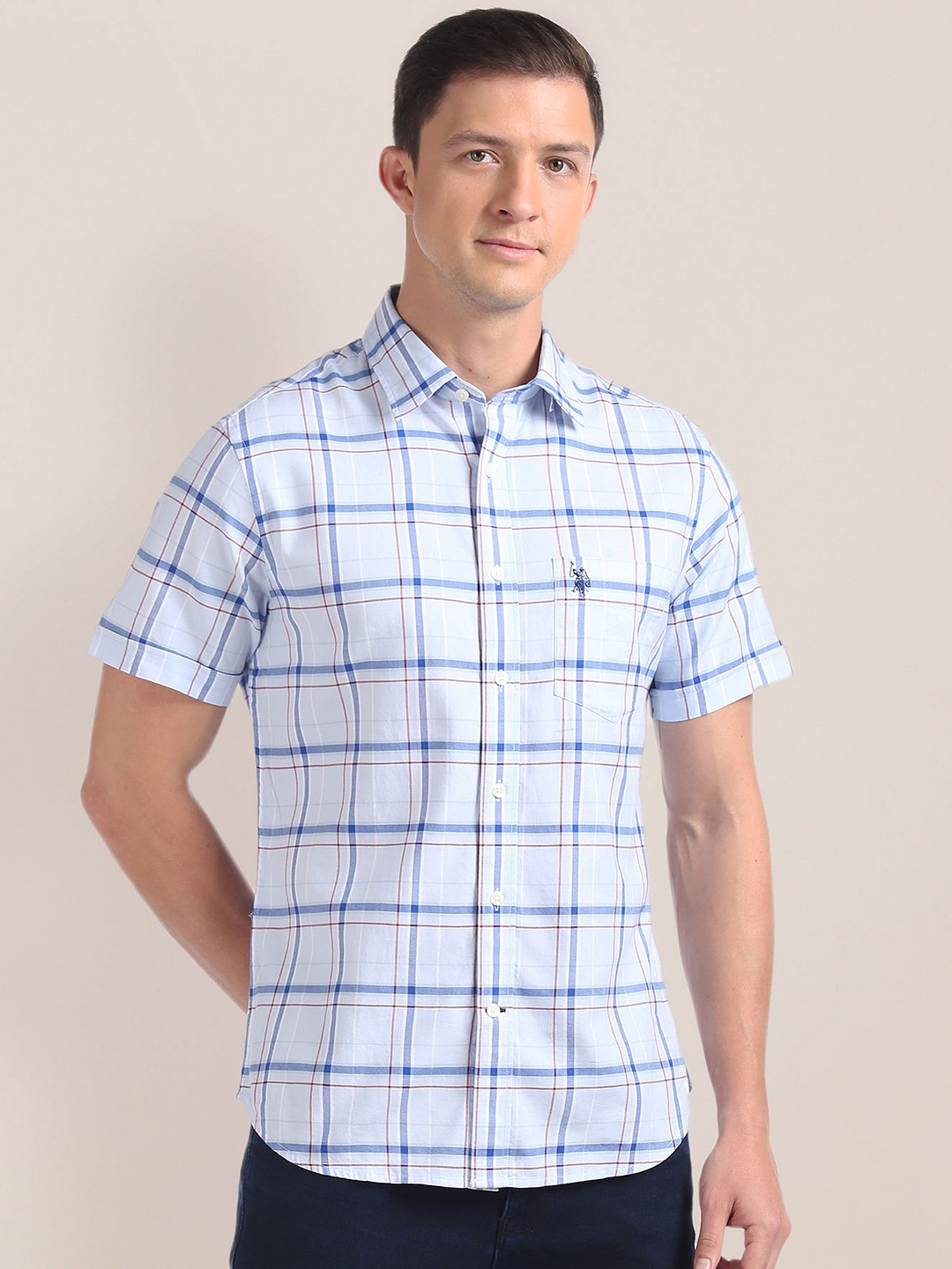 

U.S. Polo Assn. Windowpane Checked Pure Cotton Casual Shirt, Blue