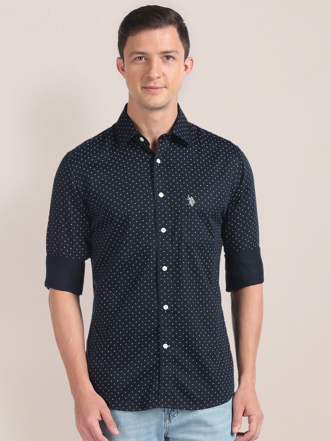 

U.S. Polo Assn. Micro Disty Printed Pure Cotton Casual Shirt, Blue