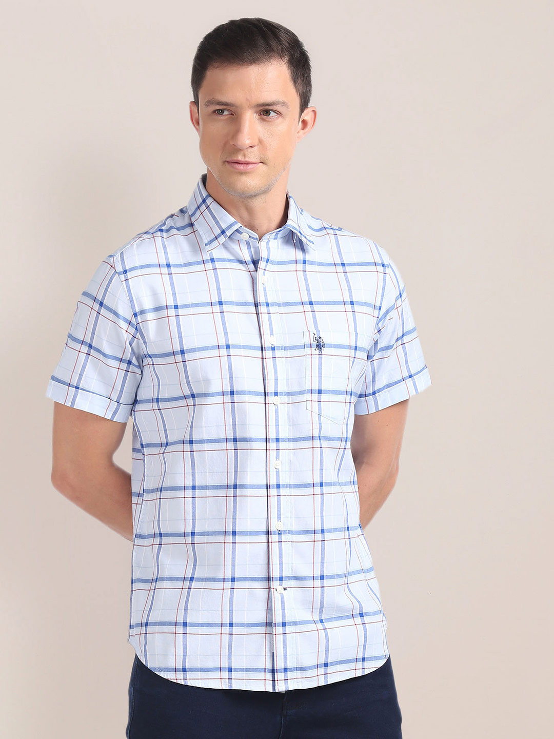 

U.S. Polo Assn. Windowpane Checked Pure Cotton Casual Shirt, Blue