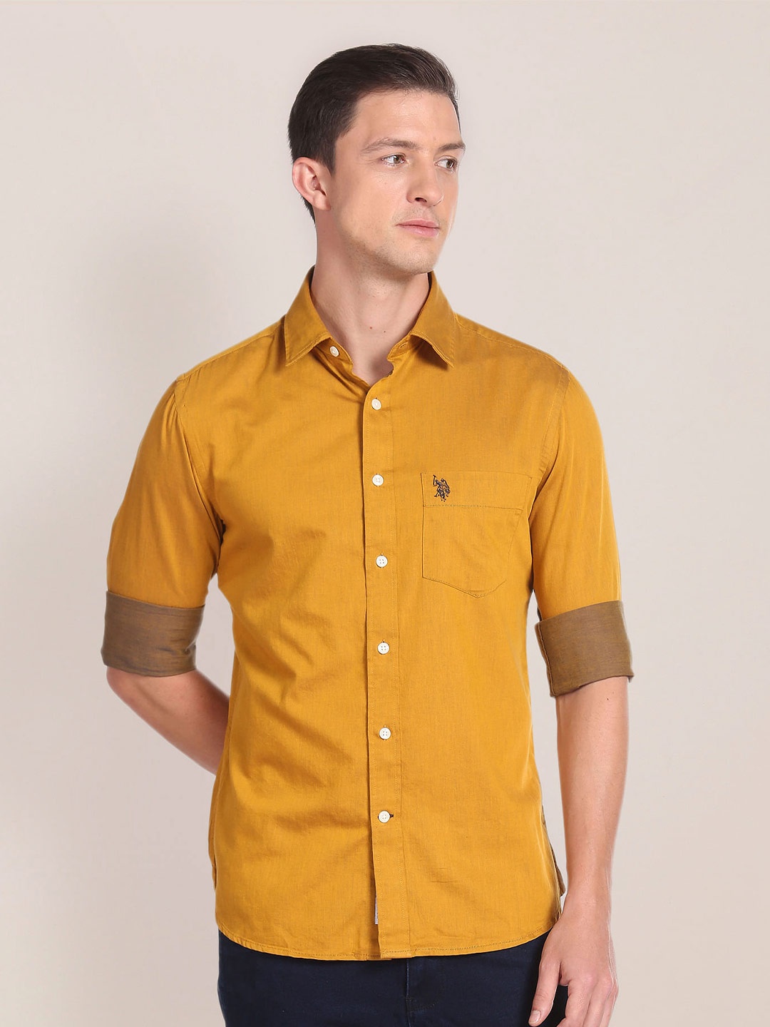 

U S Polo Assn. Spread Collar Pure Cotton Casual Shirt, Mustard