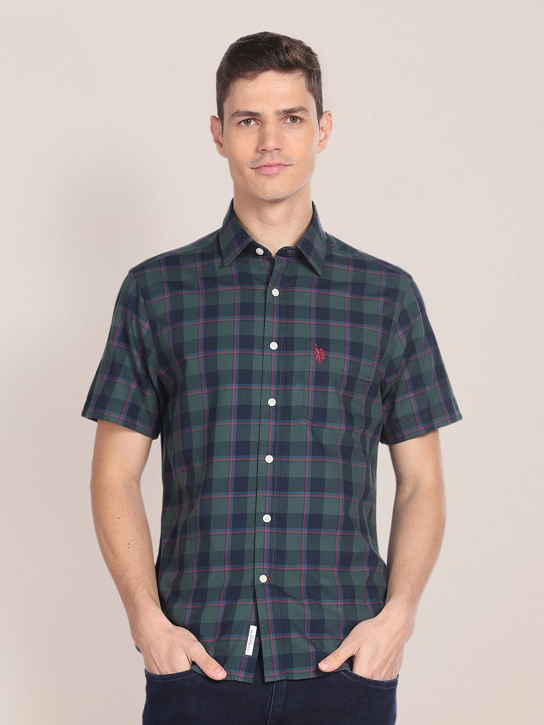 

U S Polo Assn. Tartan Checks Checked Spread Collar Pure Cotton Casual Shirt, Green