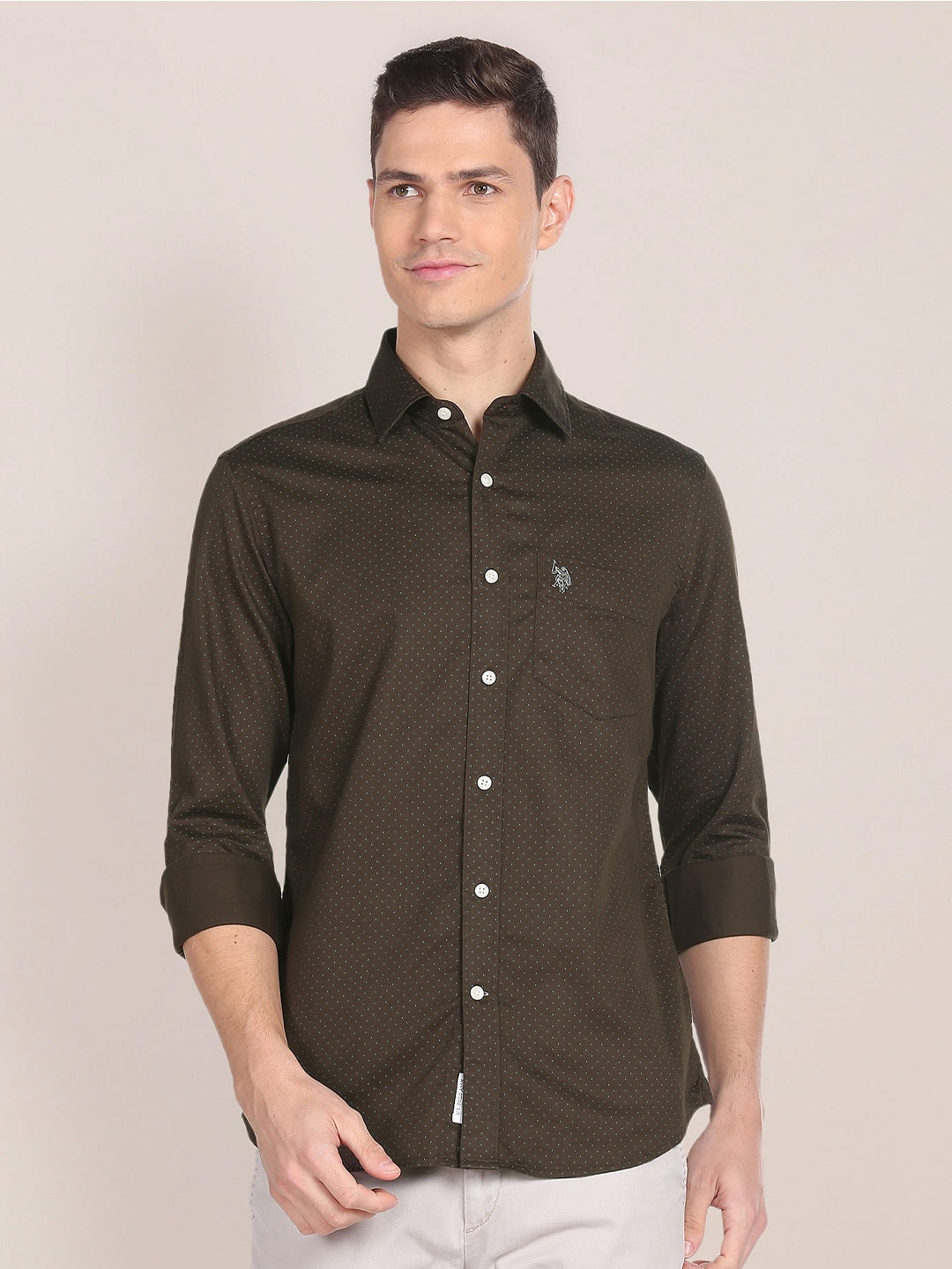 

U S Polo Assn. Micro Ditsy Printed Spread Collar Pure Cotton Casual Shirt, Brown