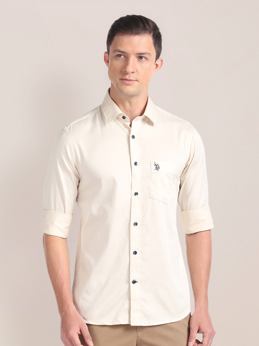

U S Polo Assn. Spread Collar Pure Cotton Casual Shirt, Off white