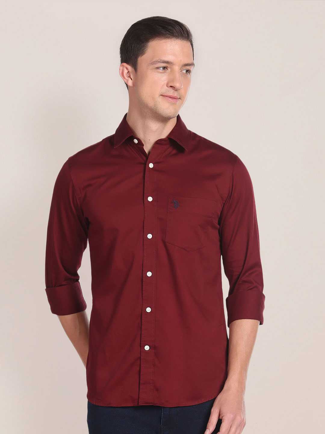 

U.S. Polo Assn. Shirt Collar Opaque Cotton Casual Shirt, Red